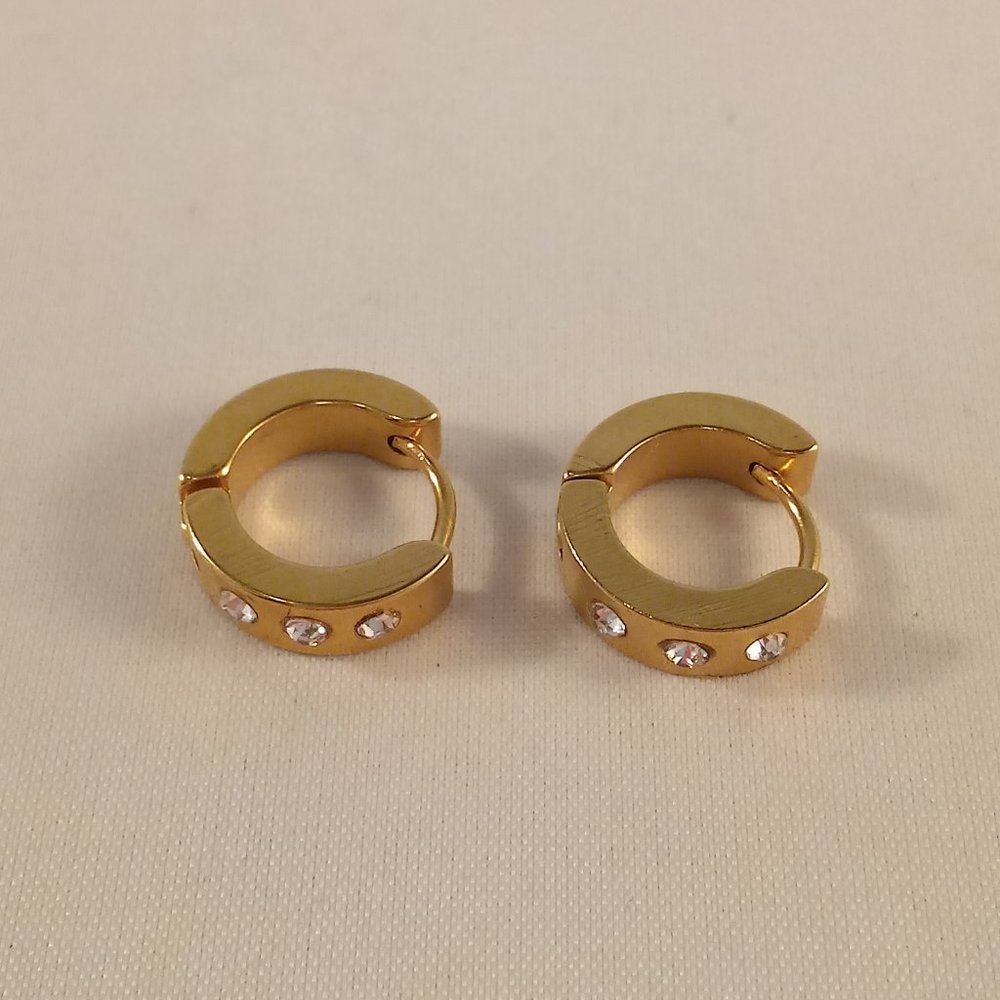 Mens Gold Stainless Steel Diamond Zircon Hoop Huggie Earrings 14mm Party Gift - Picture 2 of 6